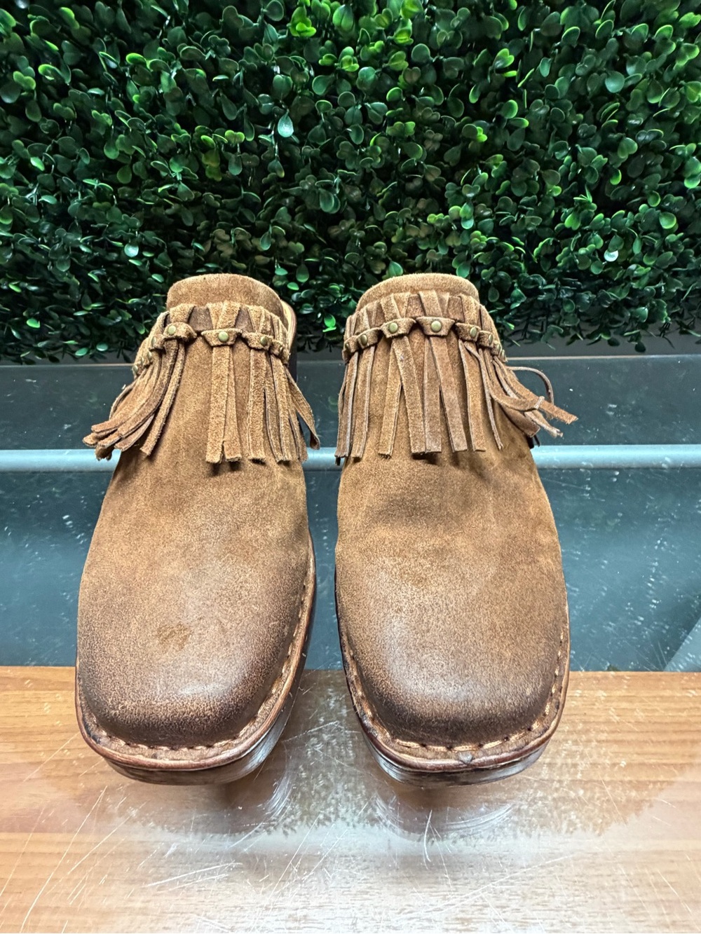 Born Brown Suede Fringe Mule Clogs - Picture 2 of 9
